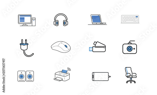 Computer Workspace Outline Icon Set - Desktop, Monitor, Keyboard, Mouse and Office Equipment Vector Collection