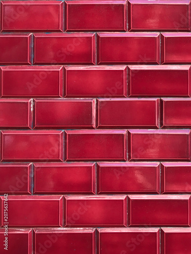 Fotografie Vibrant Red Subway Tile Texture, Glossy Ceramic Kitchen Backsplash Background