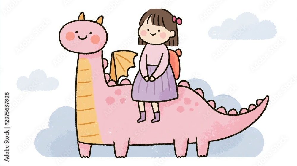 Fototapeta premium Cute cartoon illustration of a cheerful girl riding on the back of a pink dragon. Whimsical clipart isolated on a white background, perfect for children's books, stickers, nursery designs, and creativ
