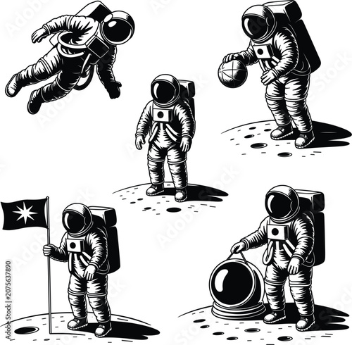 Φωτογραφία Black and white of four astronauts floating in space suit helmet zero gravity d