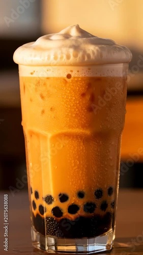 Closeup sequence of iced bubble tea in a tall glass with creamy foam, visible tapioca pearls and condensation, subtle motion and shifting light