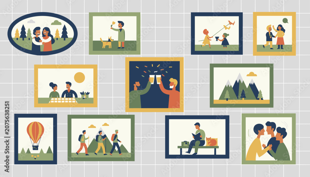 Fototapeta premium Collage of different lifestyle scenes featuring people engaging in travel, romantic dates, social drinking, and outdoor activities.
