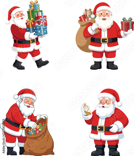 Santa Claus Cartoon Character Set with Gift Boxes, Sack of Presents and Pocket Watch Vector Illustration.