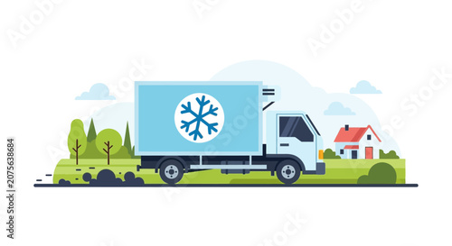 Flat Vector Illustration of a Refrigerated Delivery Truck with Snowflake Icon Driving through a Rural Landscape for Cold Chain Logistics and Frozen Goods Transport