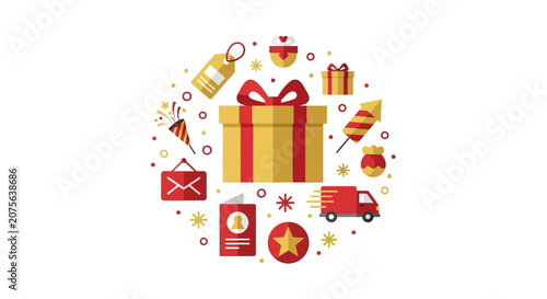 Gift Box and Holiday Shopping Icons Flat Vector Illustration - Celebration, E-commerce, and Delivery Concept Design on White Background