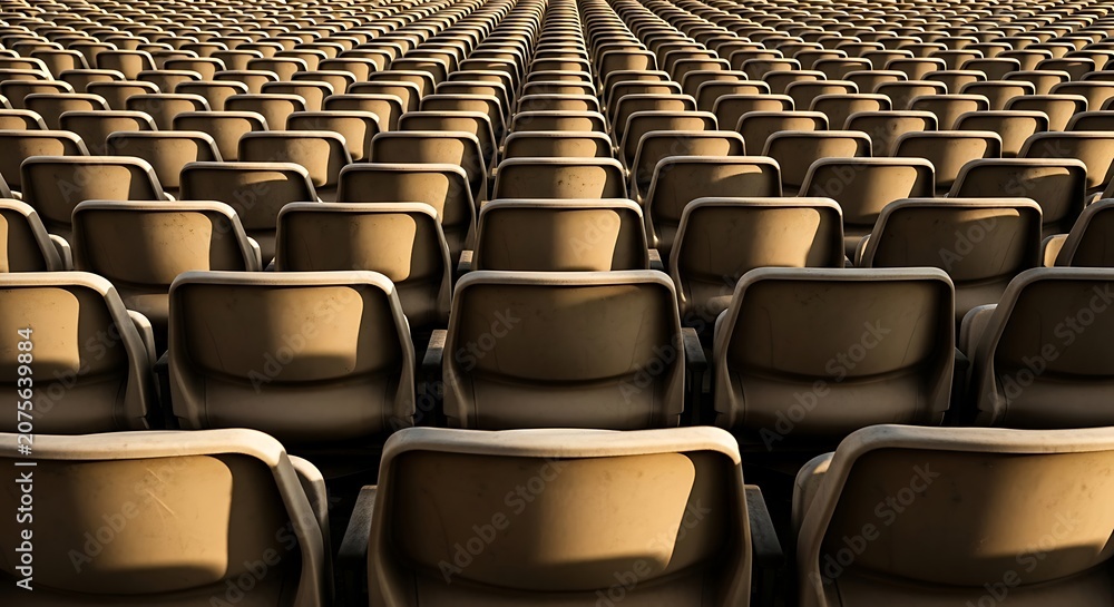 Naklejka premium Empty stadium seats at dusk with dramatic golden lighting for sports events