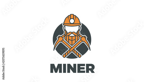 Graphic illustration of a bearded miner wearing a safety helmet with crossed pickaxes behind him in a modern minimal vector style.