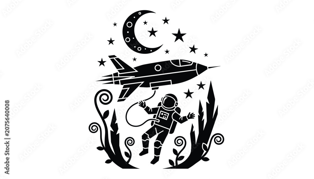 Naklejka premium Astronaut floating in space connected to a rocket with the crescent moon and stars in the background in a minimalist black-white art.