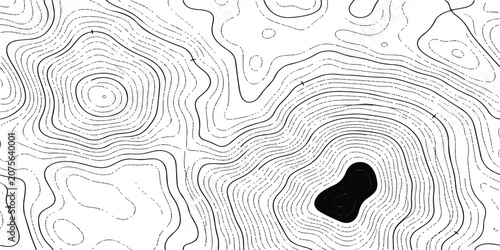 Konstfotografi Black and white topographic map lines showing hills and valleys with a central d