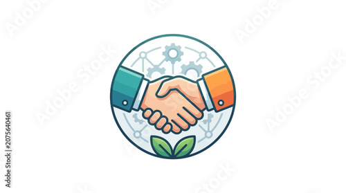 Business Partnership and Innovation Icon: Handshake, Gears, Network, and Leaves