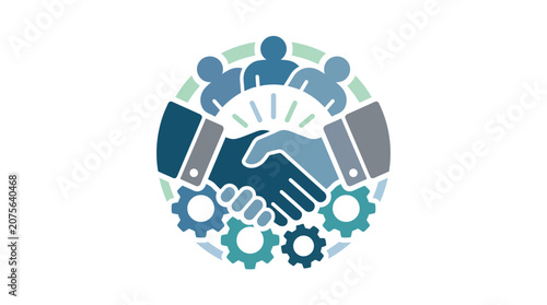 Business Partnership Agreement Icon: Handshake with Gears and Team Silhouette