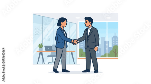 Business handshake agreement in modern office with city view background