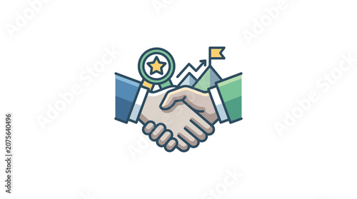 Business Partnership Agreement and Success Icon: Handshake, Award, Graph, Mountains, Goal