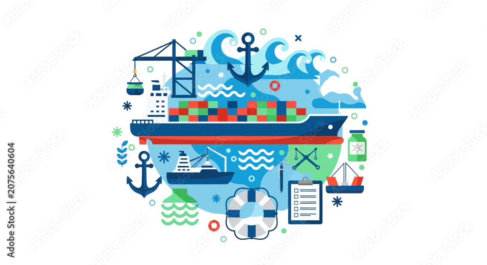 Fototapeta premium Global Logistics and Maritime Shipping Illustration with Container Ship, Port Icons, and World Map Concept for International Trade and Supply Chain Management