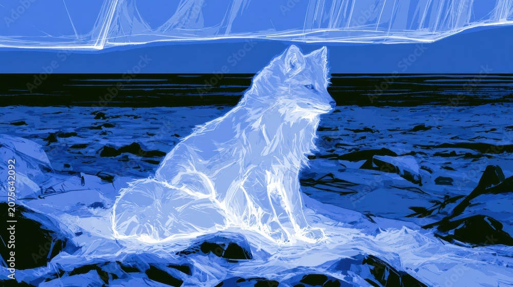 Fototapeta premium A glowing white arctic fox sits quietly on frozen tundra under a vibrant aurora above the dark landscape.