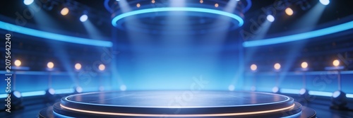 TV quiz show studio, game show stage lights, dim neon lights, soft spotlights, empty stage, blue background.