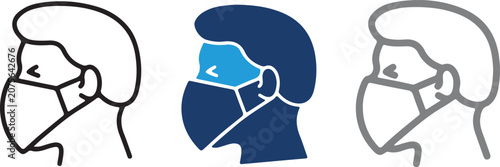 Tableau sur toile Set of side profile person wearing face mask icons in outline and solid styles on transparent background, hand-made vector illustration for safety