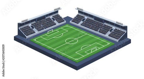 3D Model of a Soccer Stadium with Green Field and Spectator Stands.