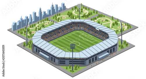 Aerial view of a soccer stadium surrounded by greenery and city skyline.