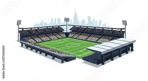 Panoramic view of a vibrant soccer stadium with city skyline backdrop.