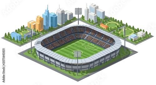 Aerial view of a vibrant stadium with surrounding cityscape and trees.
