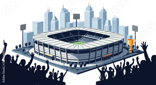 Excited Fans Cheering in a Modern Stadium with City Skyline.