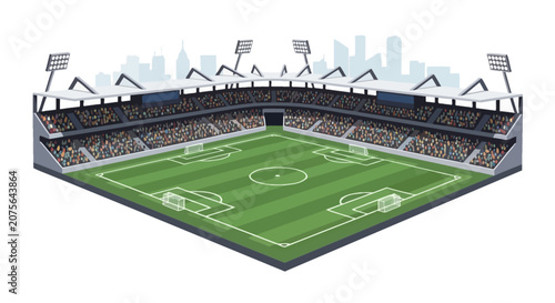 Large Stadium with Green Field and Spectator Stands.