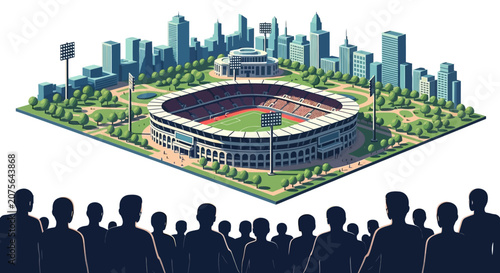 Aerial view of a bustling city with a stadium event and crowd.