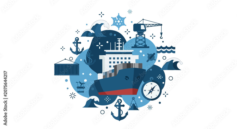 Obraz premium Global Logistics and Maritime Shipping Concept Illustration with Cargo Ship, Anchors, and Port Crane in Flat Vector Style