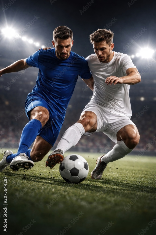 Naklejka premium Intense soccer match under lights.
