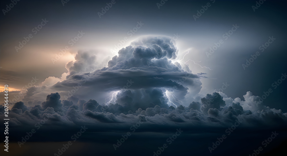 Obraz premium Dramatic Storm Clouds Rolling Over Dark Ocean at Sunset with Moody Lighting