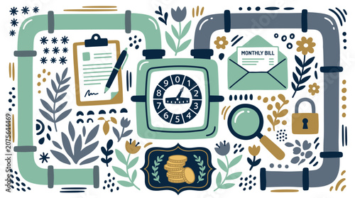 finance and utilities vector icons with water meter, envelope and lock for infographic design in hand style