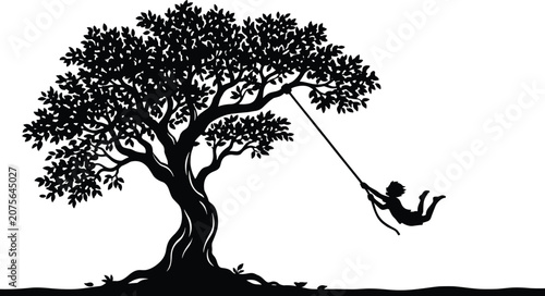 Canvas Print Child swinging joyfully from a sturdy tree branch in a minimalist black and whit