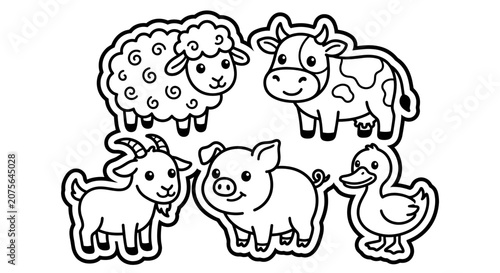 Cute Farm Animals Sticker Set: Sheep, Cow, Pig, Goat, Duckling - Outline Illustration