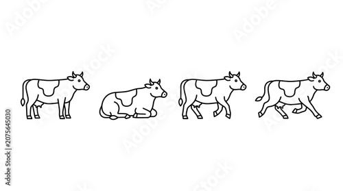 Line Art Cows Collection: Standing, Sitting, Walking, Running - Farm Animals