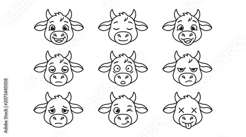 Cute Cow Emoticon Set - Cartoon Faces with Different Expressions