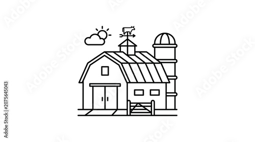 Minimalist Barn and Silo Icon with Sun and Cloud, Farm Building Outline Art