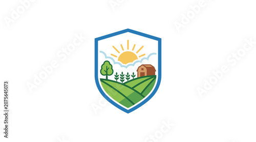 Farm Shield Emblem with Sunrise, Barn, and Fields