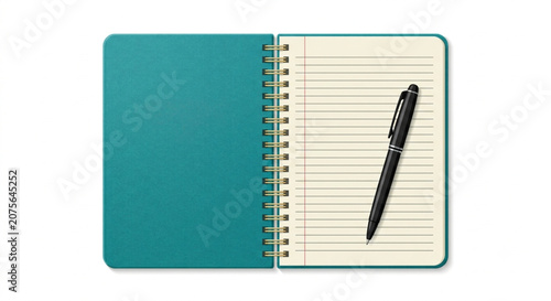 Open spiral notebook with lined paper and black pen top view vector