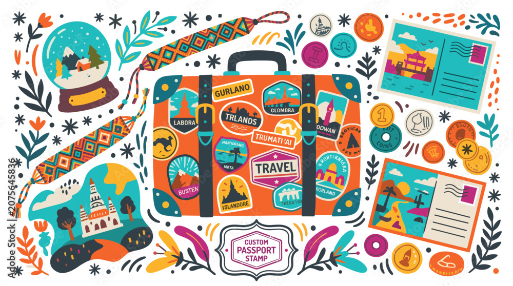 Fototapeta premium Travel and vacation vector icons with suitcase, postcards and snow globe for presentation design in colorful vector art