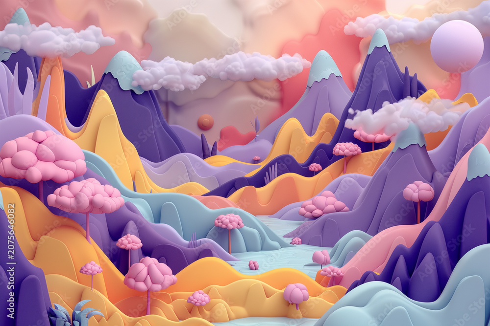Obraz premium A whimsical 3d fantasy landscape featuring multi-colored rolling hills and stylized mountains under a soft purple sky with clouds
