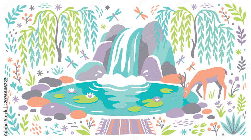 Fototapeta premium nature and wildlife concept icons with waterfall, deer and plants for branding design in pastel illustration style