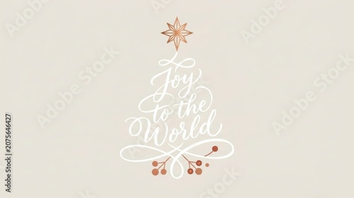 Joy to the World calligraphy forming a Christmas tree shape with rose gold star and berries for New Year 2027 and holiday greeting card designs