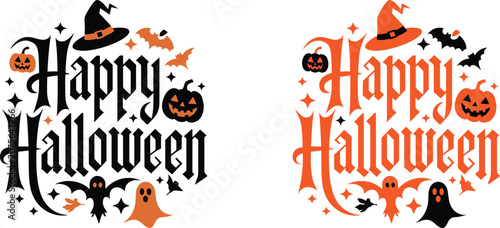 Happy halloween typography designs with witch hat pumpkins and ghost elements