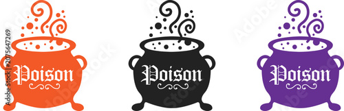 Halloween poison cauldron icons in orange black and purple