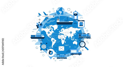 Global Logistics and Supply Chain Network Illustration with World Map and Transportation Icons for International Shipping and Trade