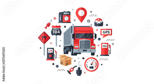 Logistics and Transportation Vector Illustration with Red Semi Truck, GPS Tracking, and Delivery Icons