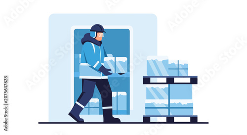 Warehouse Worker in Protective Gear Carrying Frozen Box from Cold Storage Facility, Cold Chain Logistics and Distribution Center Vector Illustration