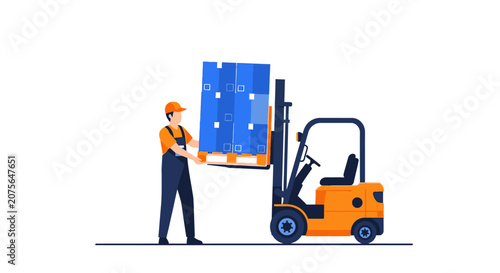 Warehouse Worker and Forklift with Cargo Pallet. Professional Vector Illustration for Logistics, Shipping, Distribution and Global Supply Chain Management.