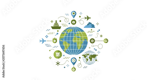 Global Logistics and Worldwide Connectivity Concept Illustration with Earth Globe, Airplanes, Cargo Ship, and Location Icons